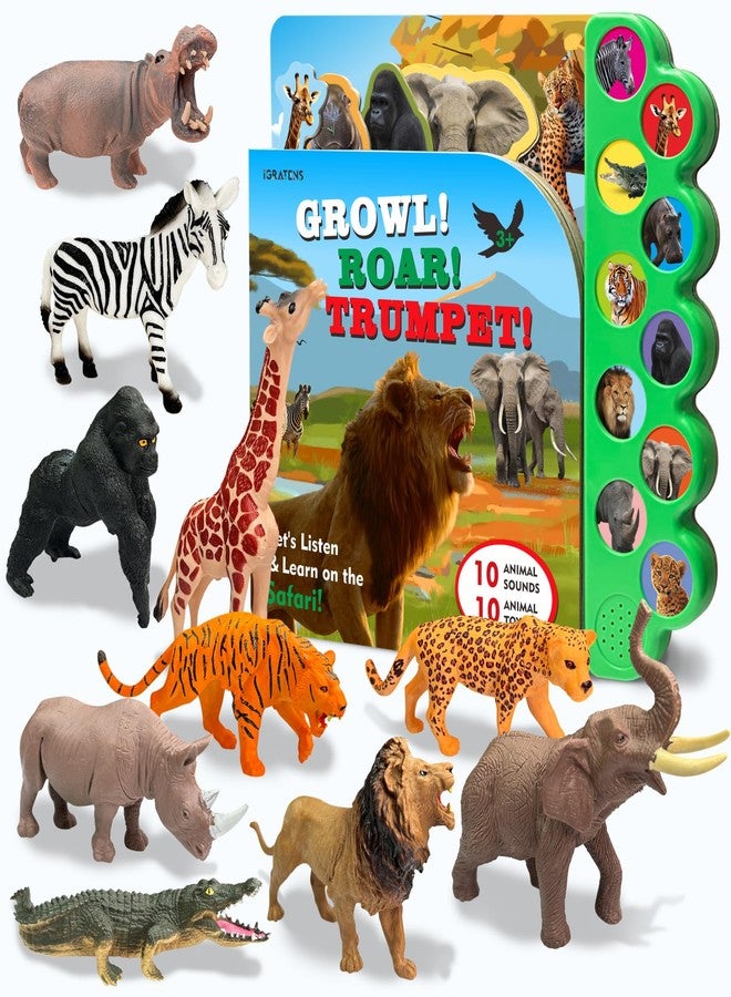 iGRATENS Safari Animals Figures Toys with Sound Books, 10PCS Realistic Jungle Animals Figures & Safari Animals Book with 10 Buttons, Zoo Animal Toys, Learning Toy for 3+ Year Old Boys, Girls, Kids - Image 1